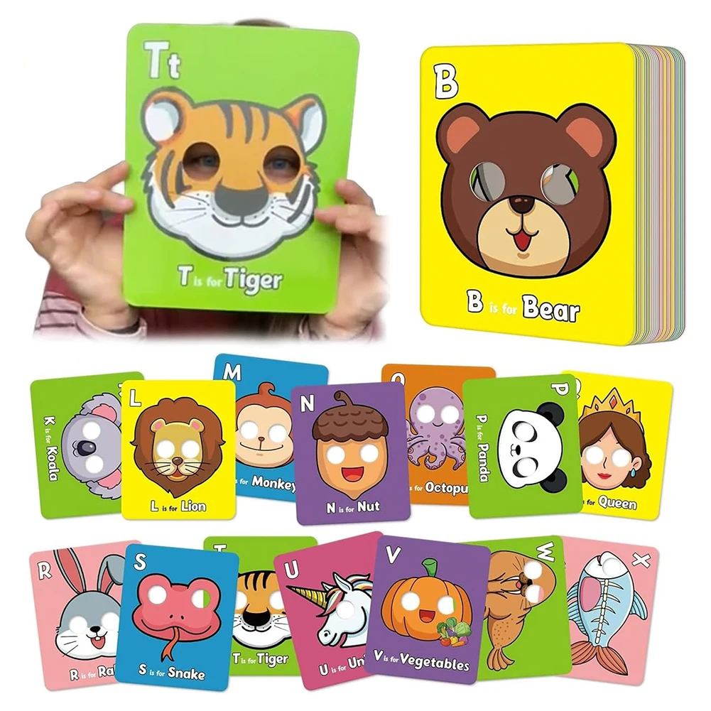 26-teiliges Alphabet ABC Lernkarten-Set mit Tiermasken, Bunte Alphabet-Maskenkarten, Pädagogisches Lernspielzeug zur Buchstabenerkennung