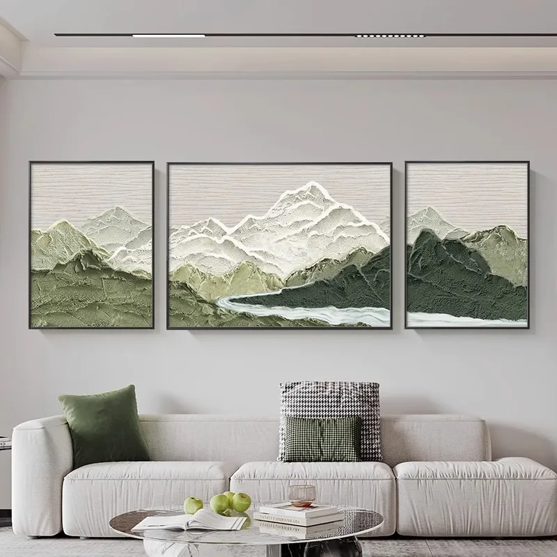 Wabi Sabi wind back with mountain decoration living room sofa background wall landscape triptych canvas painting