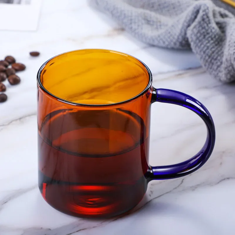 Simple Brief Glass Coffee Mug Two Tone Amber and Blue Glass Cup Heat Resistant Nordic Milk Tea Water Mug 380ml Drinkware 1 Piece