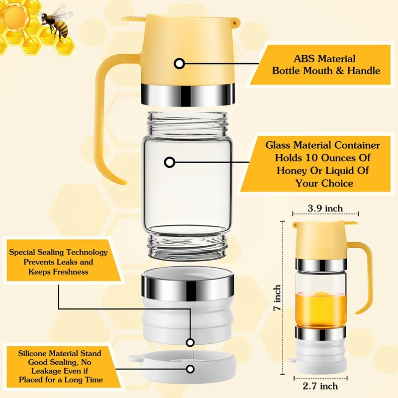 Honey Dispenser Jar, 10 Oz No Drip Glass Honey Dripper With Handle, Honey Syrup Dispenser For Bread, Coffee Or Tea