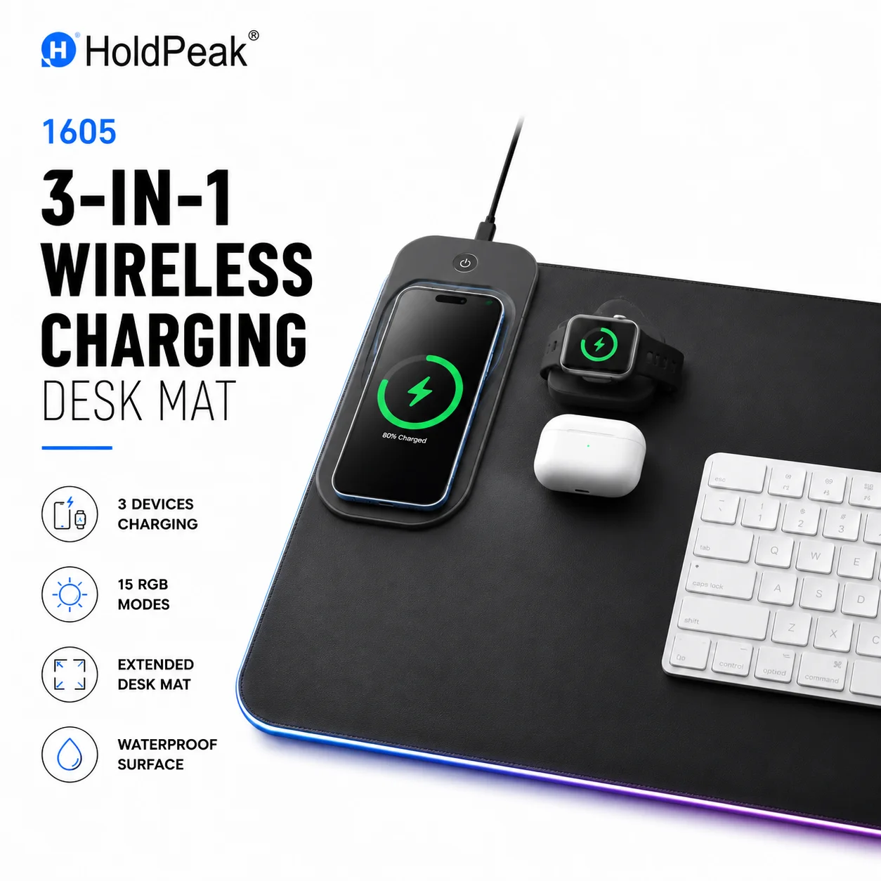 RGB Gaming Mouse Pad with Wireless Charger 3 in 1 Large Desk Mat Waterproof Extended Desktop Pad Phone Charging Station