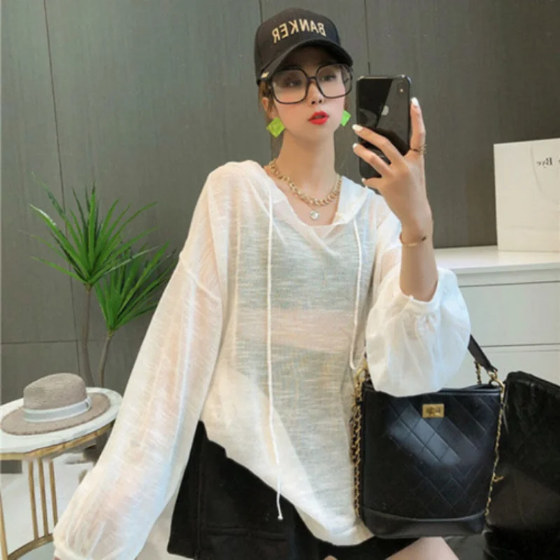 Hooded T-shirts Women Loose Lazy Thin Sheer Sun-proof Summer Sporty Long-sleeve Korean Style Solid All-match Streetwear Fashion