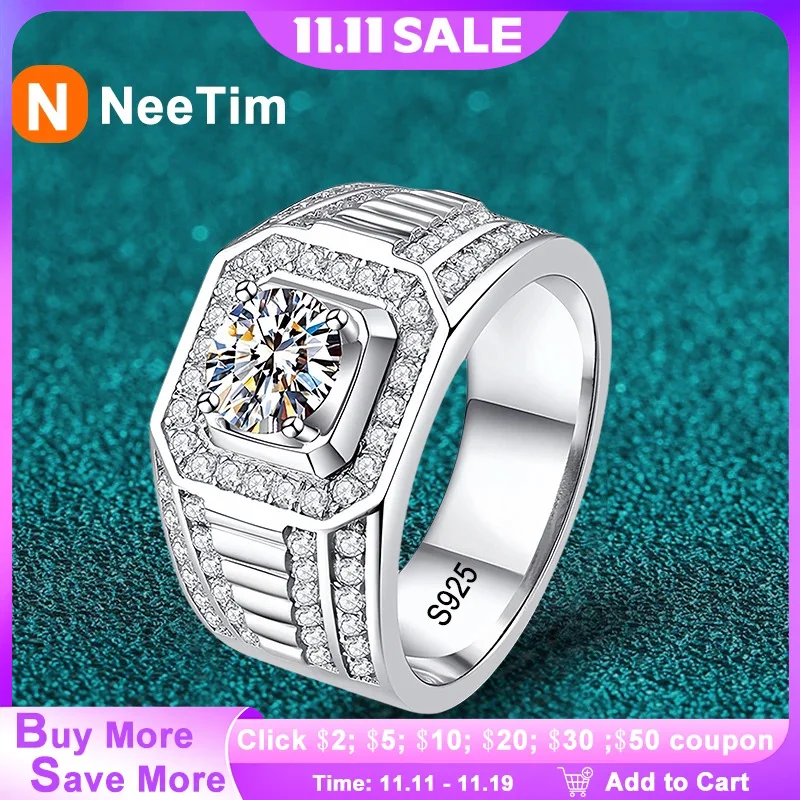 

NeeTim кольцо с муассанитом для мужчин, стерлинговое серебро, кольцо с платиновым покрытием, мужские кольца с лабораторным бриллиантом, мужское обручальное кольцо, ювелирные изделия
