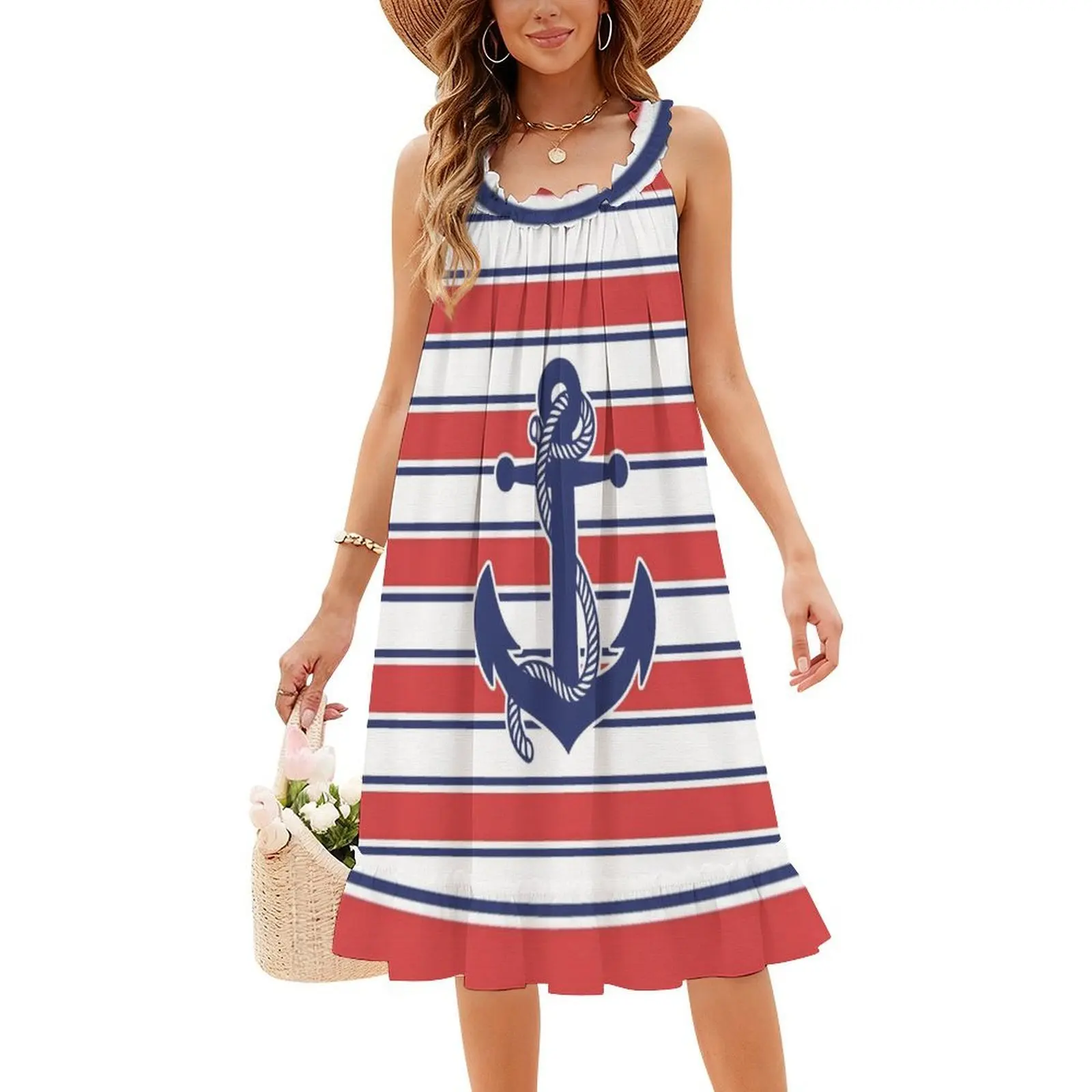 المشارب ومرساة الأزرق والأحمر البوهيمي فستان بلا أكمام متعدد طباعة شاطئ عطلة فستان الحفلات بحار مرساة فتاة المشارب #4