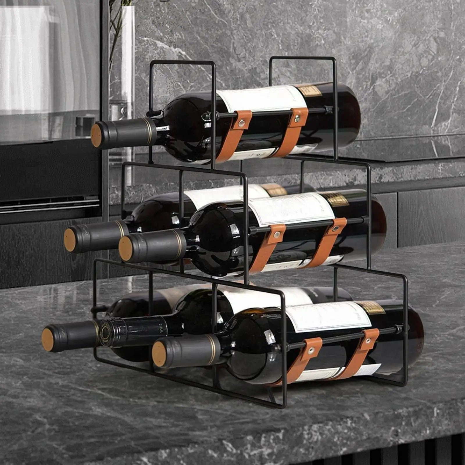 

Wine Bottle Holder Freestanding 3 Tier Sturdy Ornament Hold 6 Bottles Wine Rack for Home Cabinet Pantry Dining Room Restaurant