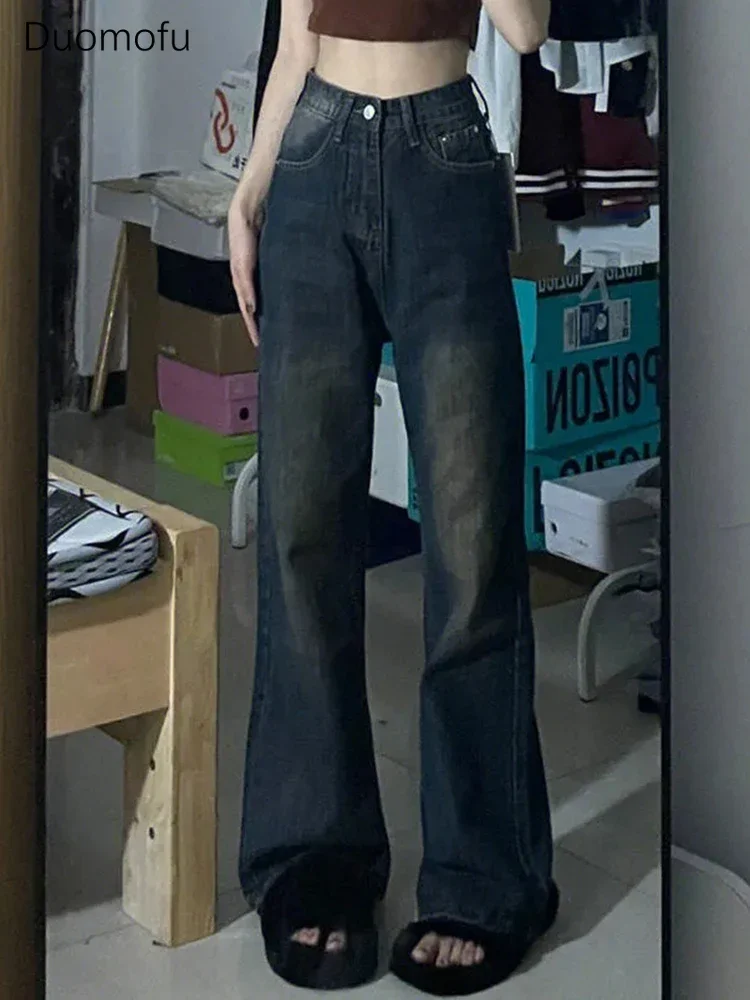 Duomofu Retro Blue Washed Distressed Loose Female Flare Jeans Summer New Vintage Basic High Waist Full Length Casual Women Jeans