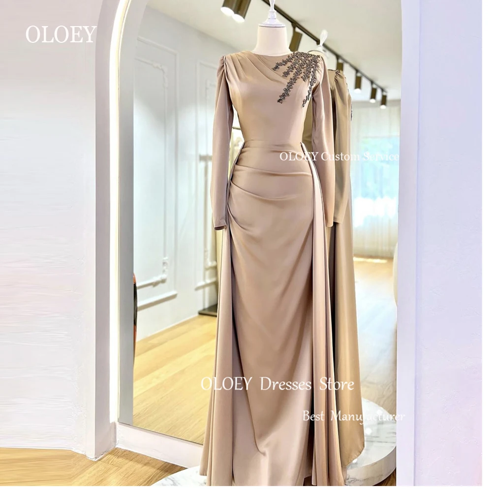 OLOEY Modest Dubai Arabic Women Evening Dresses Attachable Train Long Sleeeves O-Neck Beads Prom Gowns Customised Formal Dress