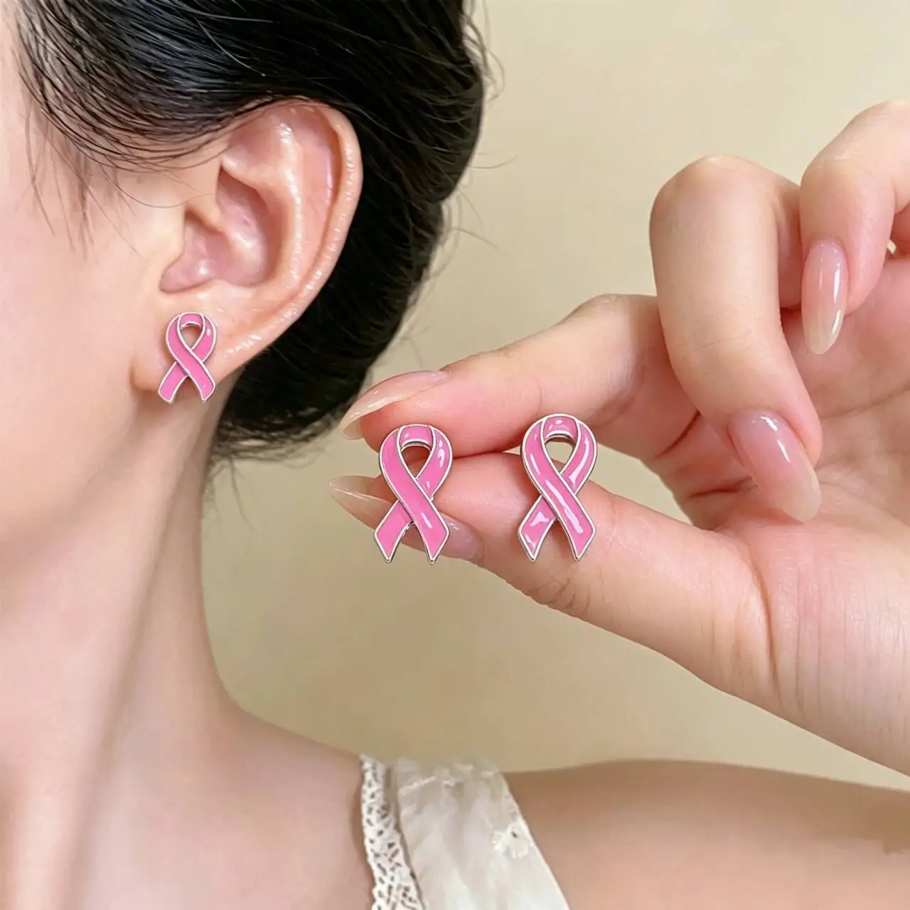 Classic Ribbon Earrings Love Care HIV AIDS Pink Ribbon Against Breast Cancer Earrings Fashion Rhinestone Dripping Oil Bow Stud