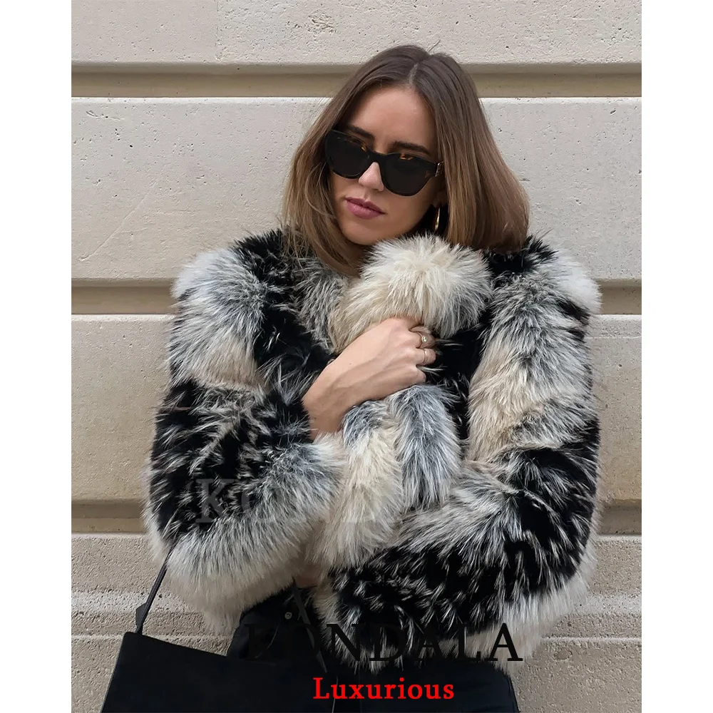 KONDALA Streetwear Patchwork manteaux de fourrure femmes col rond à manches longues vestes courtes mode 2026 printemps hiver décontracté élégant outwear