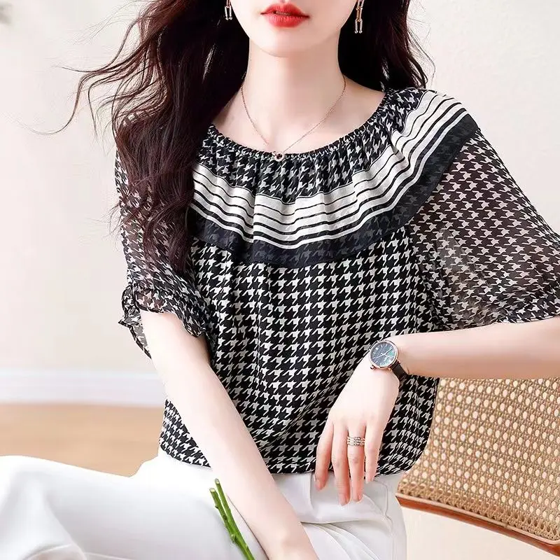 

Fashion Slash Neck Ruffles Houndstooth Butterfly Sleeve Blouses Women Clothing 2024 Summer New Loose Casual Tops Commuter Shirts