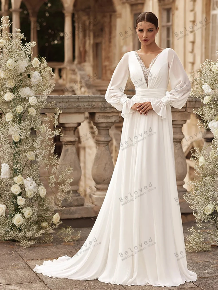ヴィンテージウェディングドレス Aライン シフォン ブライダルガウン ロングパフスリーブ ディープVネック ローブ クラシック ベスティドス デ ノビア カスタムメイド 2025