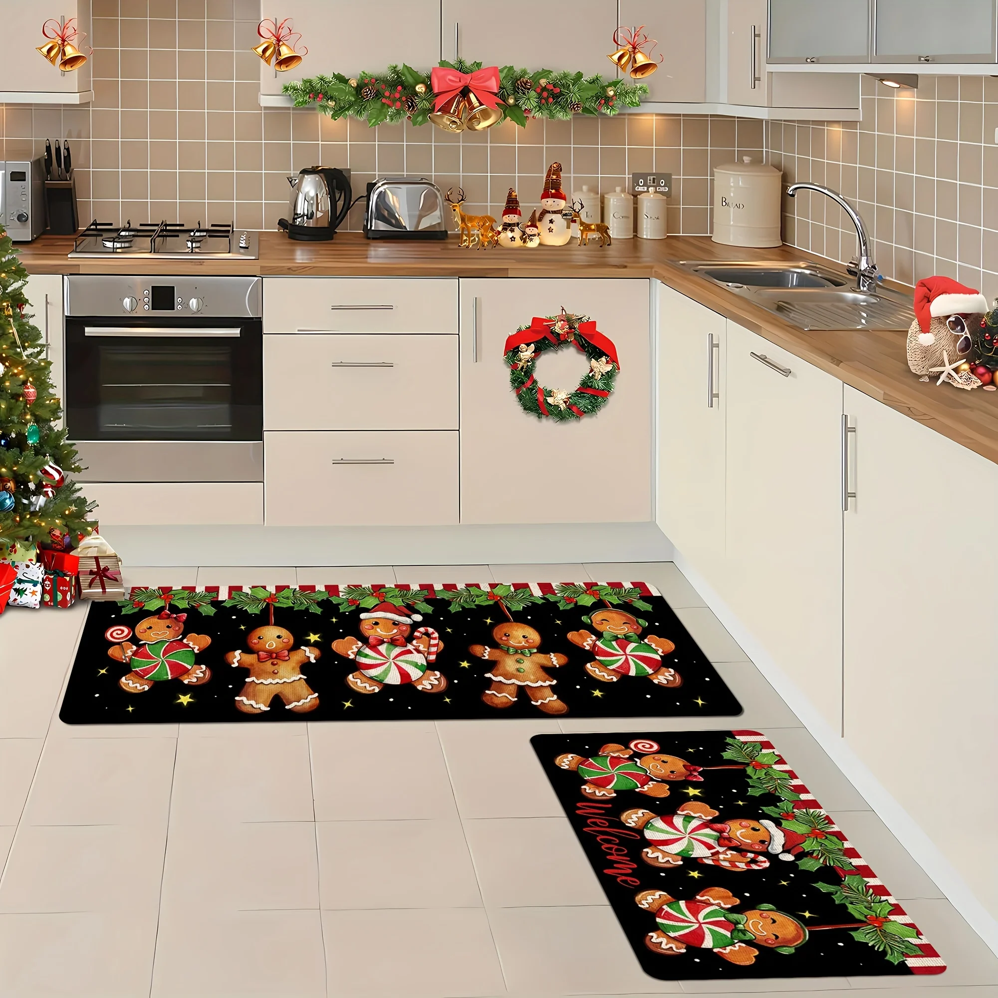 Christmas Gingerbread Candy Cane Kitchen Carpets Entrance Welcome Doormat Living Room Bedroom Laundry Bathroom Non-slip Floormat