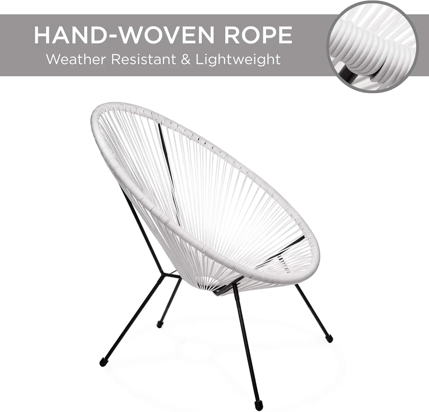 3-Piece Outdoor Acapulco All-Weather Patio Conversation Bistro Set w/Plastic Rope, Glass Top Table and 2 Chairs - White