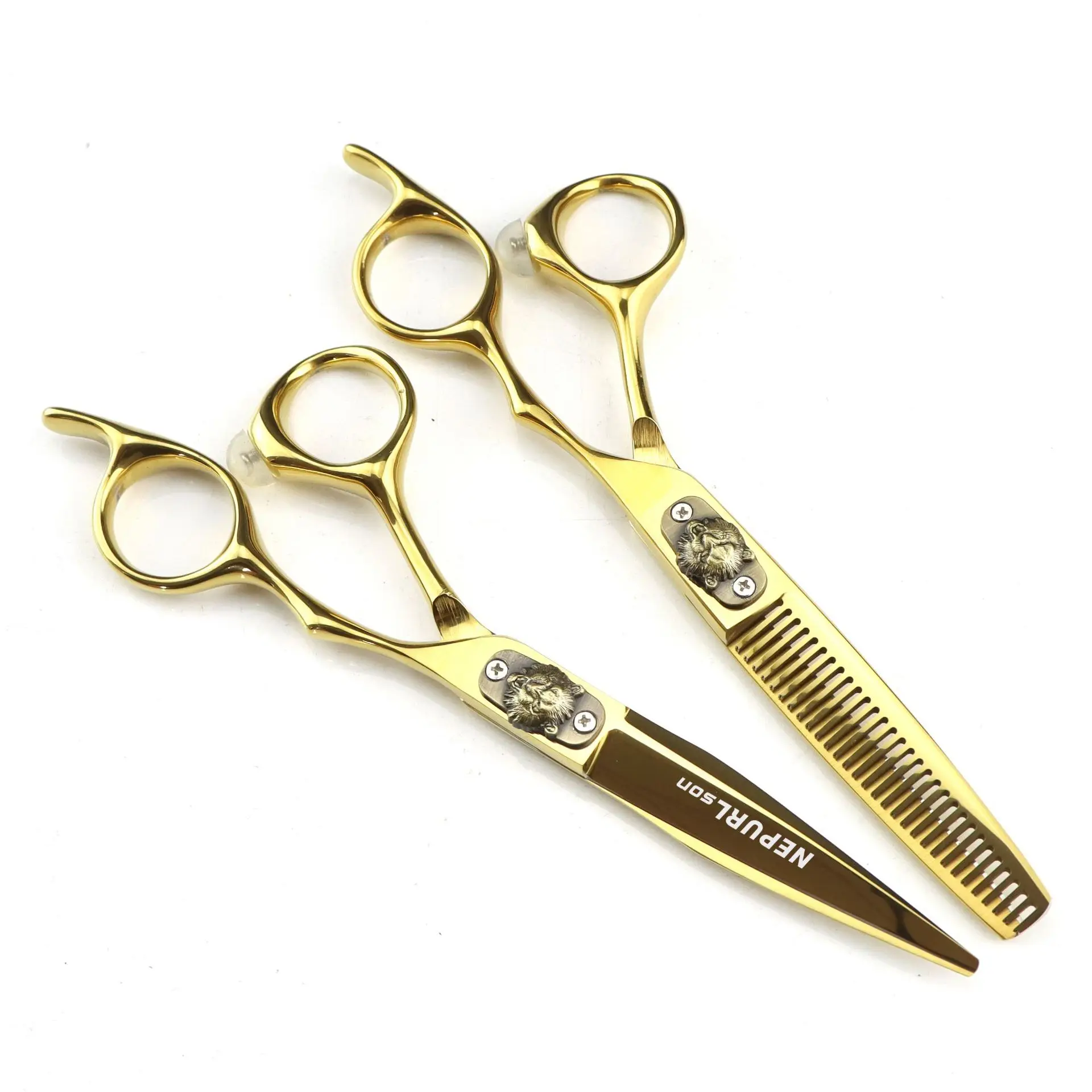 6.0-inch golden tiger-head cover plate hair scissors with straight blades and teeth, high-end 440c steel salon scissors