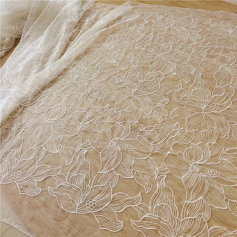 Off White Tulle / Net Flower Embroidery French Bridal Wedding Dress Lace fabric DIY Sewing Fabric Designer Fabric By The Yard