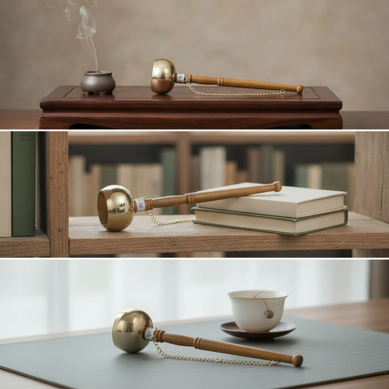 Chanting Bell with Wooden Handle Traditional Buddhist Hand Bell with Striker Brass-Colored Exquisite Craftsmanship for Buddhists