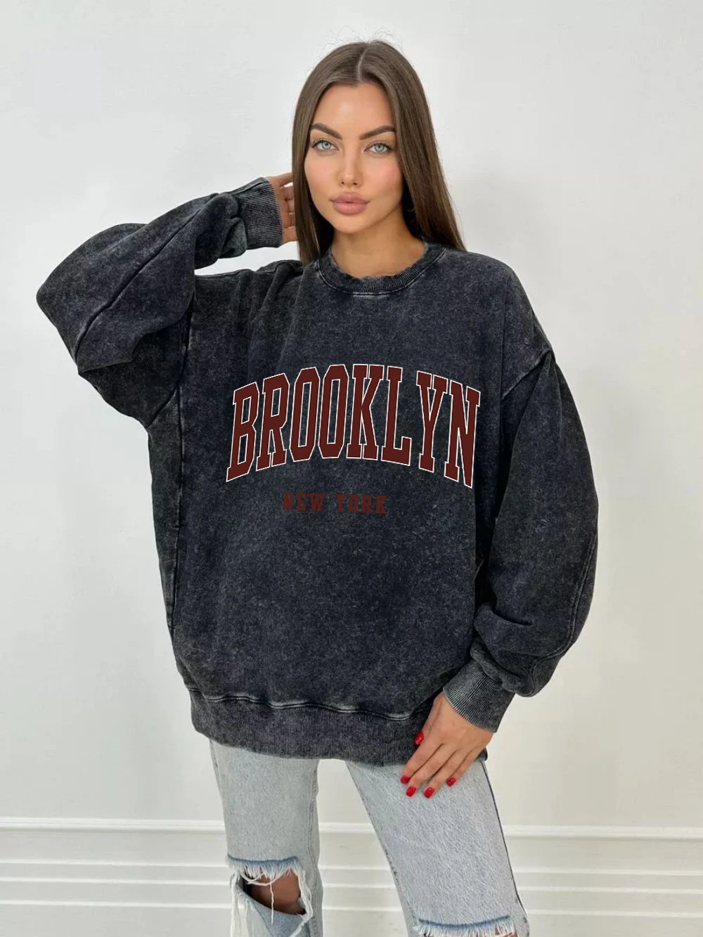 Vintage Woman Acid Wash Hoodie Brooklyn New York Letter Prints Sweatshirt Cotton Oversize Casual Pullover Couple Washed Clothes