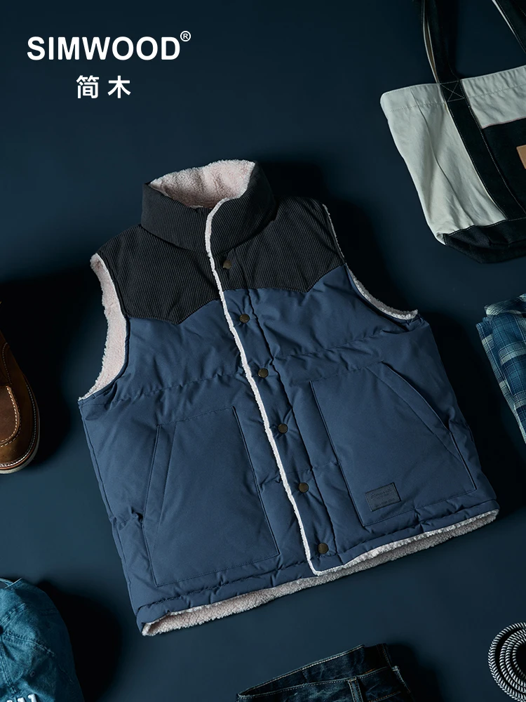 SIMWOOD 2024 Winter New 90% White Duck Down Reversible Sherpa Lined  Sleeveless Casual Outwear Vest Jacket