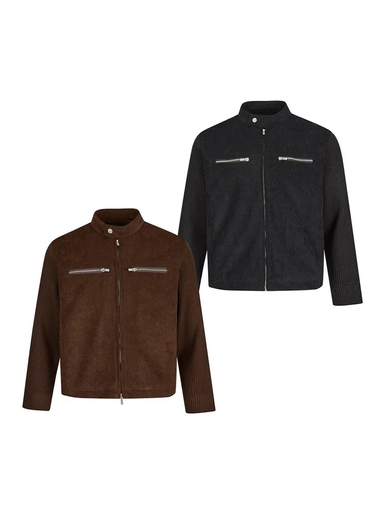 

Cleanfit Leather Biker Jaet Men's Knitted Sve Elastic Splicing Cotton Coat Old Money Sle ort Quilted Polyester Fiber