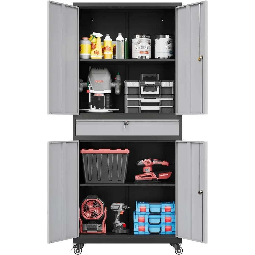 

73" Metal Cabinet Heavy Duty Rolling Storage Cabinet Steel Tool Cabinets with Wheels, Shelves, Lockable Doors and Drawers