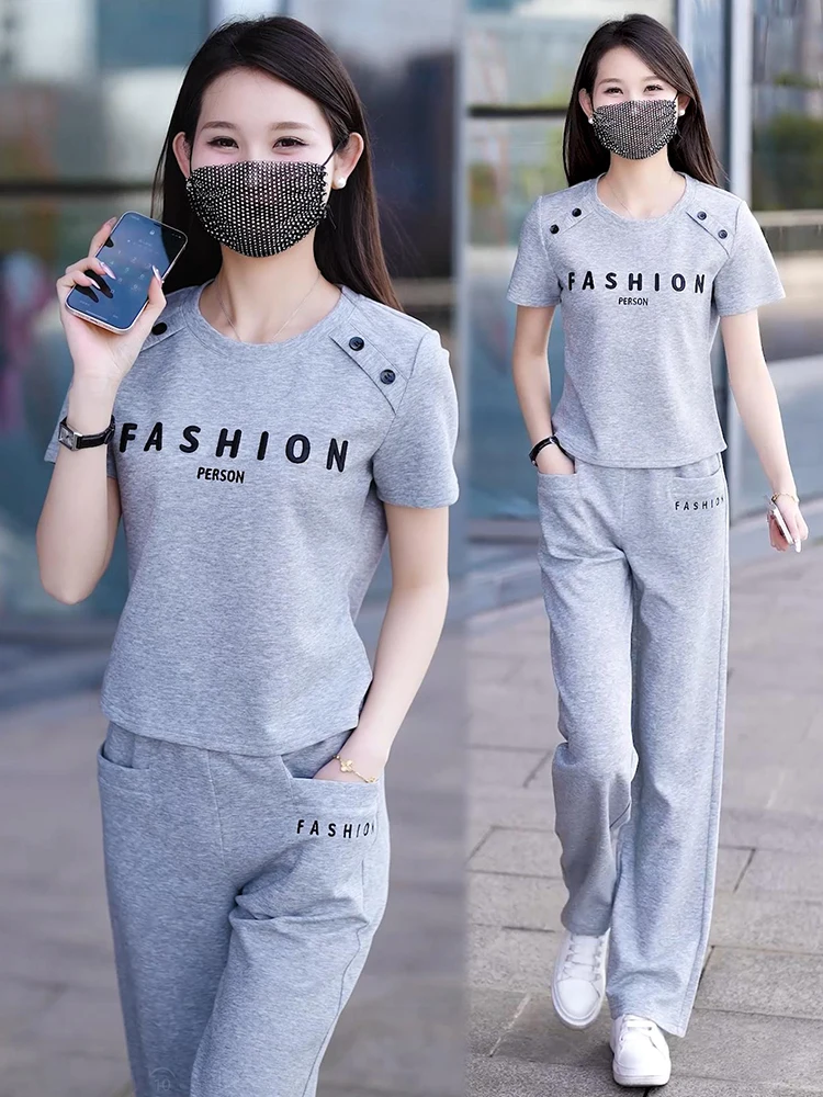 

Fashion Short Sleeved O Neck Tops+Wide Leg Pants 2 Piece Sets Women Outfit Conjuntos Para Mujeres 2 Piezas 2024 Summer Tracksuit