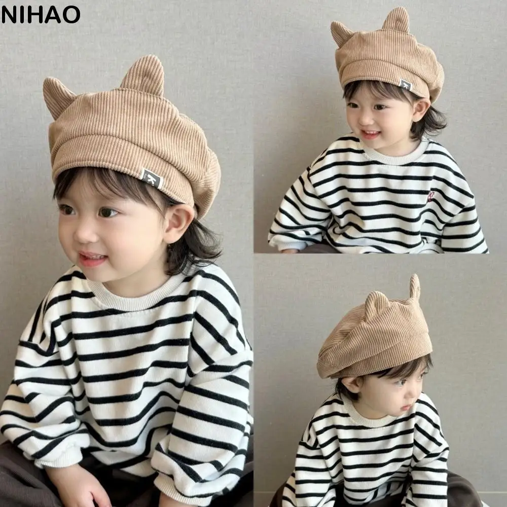 

Kawaii Cute Baby Corduroy Beret Flat Top Korean Cat Ear Beret Boy Girl Sweet Duck Tongue Cap 2-6 Years