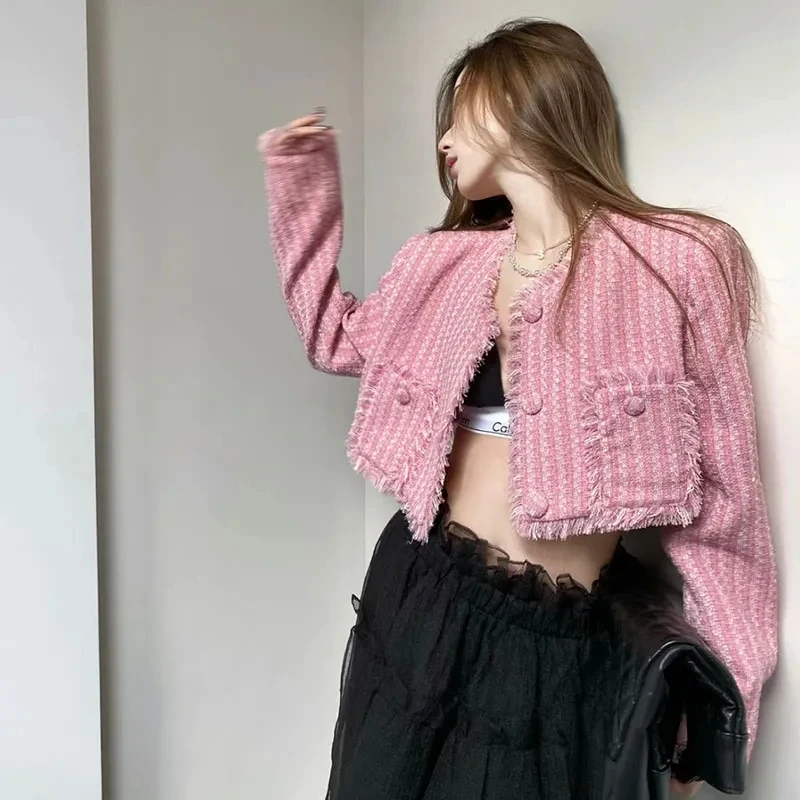 Fragrant Tweed Tassel Short Coat Women Loose Bright Silk Round Neck Spring Autumn Pink Jacket