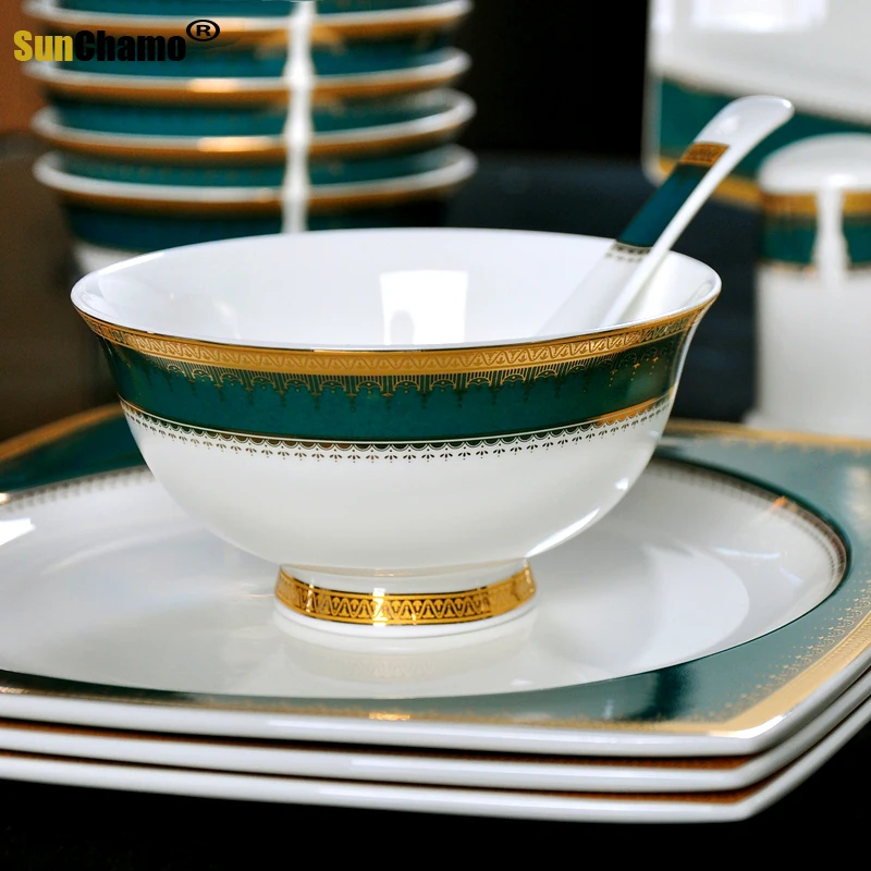 European Style Bone China Tableware Emerald Ceramic Bowls Plates Green Porcelain Dinnerware Set Wedding Gift