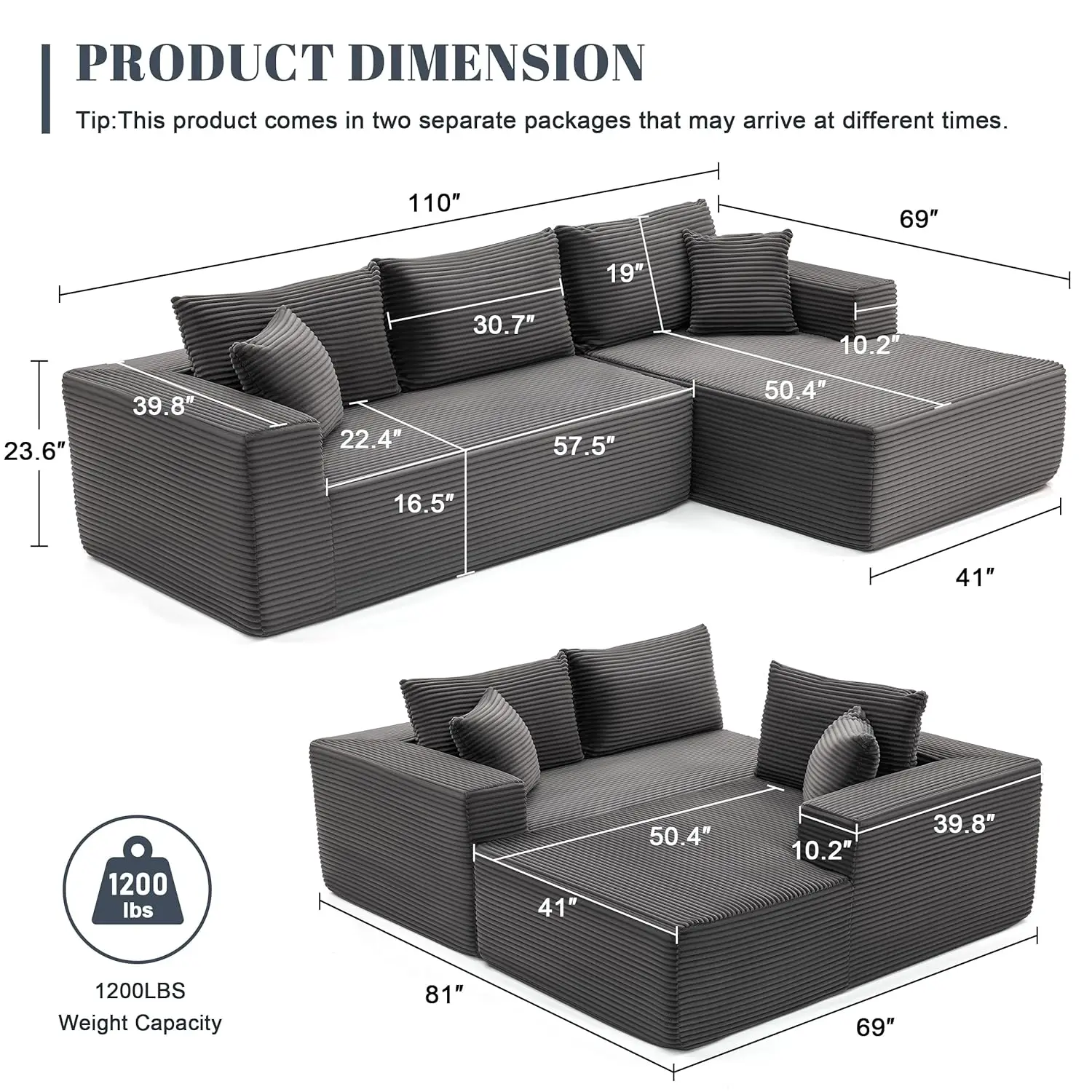Sofá Modular Seccional de 110 polegadas, Assento Profundo, Fluffy, em Forma de L, Chaise para Sala de Estar, Cinza Escuro, Personalizado