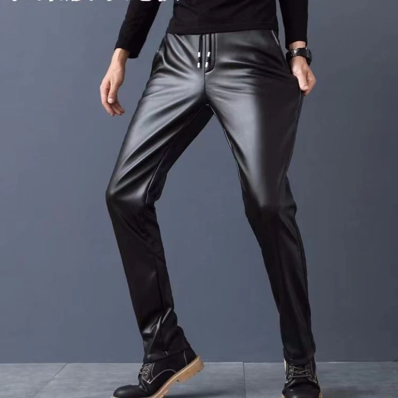 Windproof Slim Leather Pants for Men: Thickened Warm Motorcycle Trousers for Autumn and Winter Black Leather Pants Man