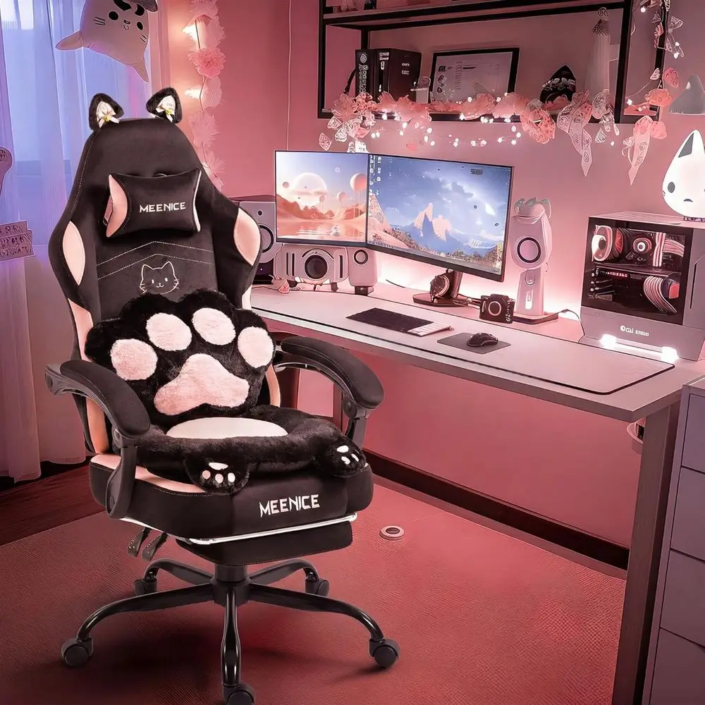 Cadeira Gamer com Orelhas de Gato e Suporte Lombar, Cadeira Ergonômica Reclinável para PC para Meninas e Adultos até 300lbs