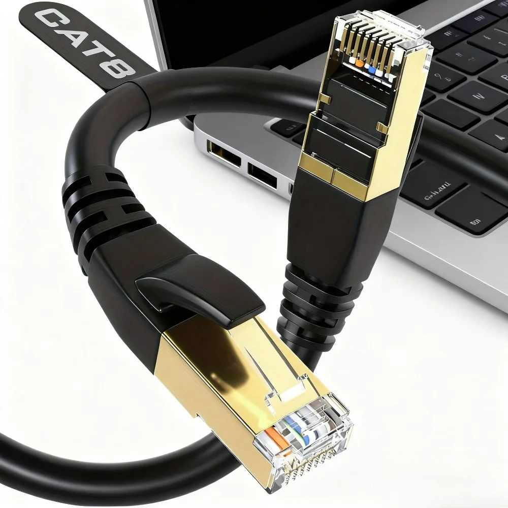 Cat8 Round Cable, High Speed Heavy Duty Internet Connection Cable, 40Gbps 2000MHz High Speed, Patch Cord With Gold-plated RJ45 Connector, Suitable For Routers/gaming/computer LAN Network Cables, Supports S/FTP. Black And White.