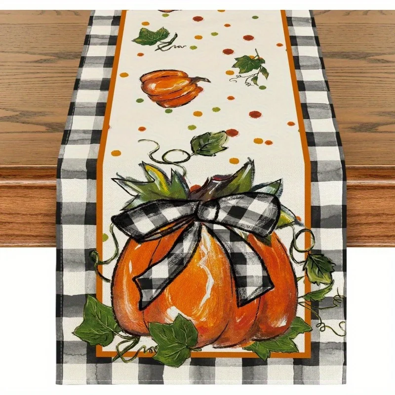 1 Piece of Autumn Pumpkin Plaid Table Runner, Black and White Checkered Edge + Hand-Painted Pumpkin, Colorful Dot Pattern, Suitable for Autumn Family Banquets, Pastoral Restaurants, Harvest Festival Decorations, Country B&B Decorations, Outdoor Picnics, Art Studios, Warm Living Rooms, Holiday Gift Scenes