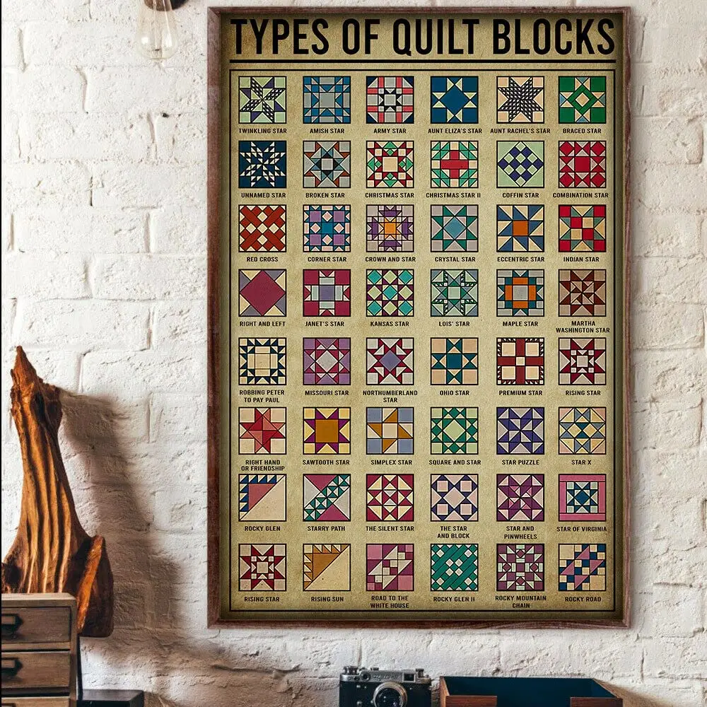 Vintage Metal Tin Sign Types of Quilt Blocks Knowledge Poster Tin Sign Poster Vintage Metal Signs for Bar Music Club Man Ca sign