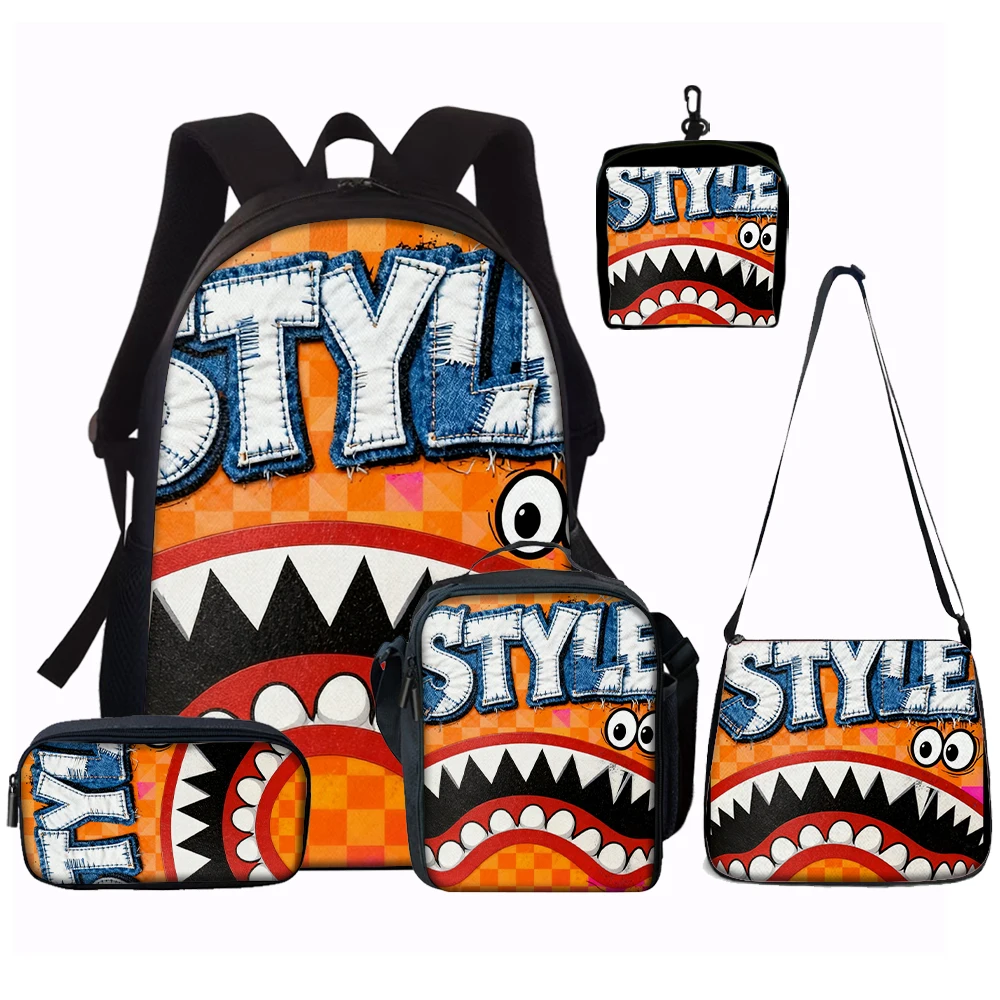 1/2/3/4/5PCS Trendy Shark Graphic Backpack Set | Perfect for School & Daily Adventures