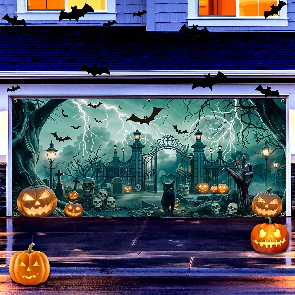 Halloween-Garagenbanner, Polyester, erschreckender Totenkopfblitz, schwarze Katze, Kürbislaterne, Fledermaus, toter Baum, großes Handmuster