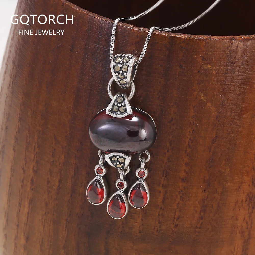 

Real Pure 925 Silver Pendant Necklace For Women With Natural Garnet Stones Water Drop Vintage Pendant Bisuteria