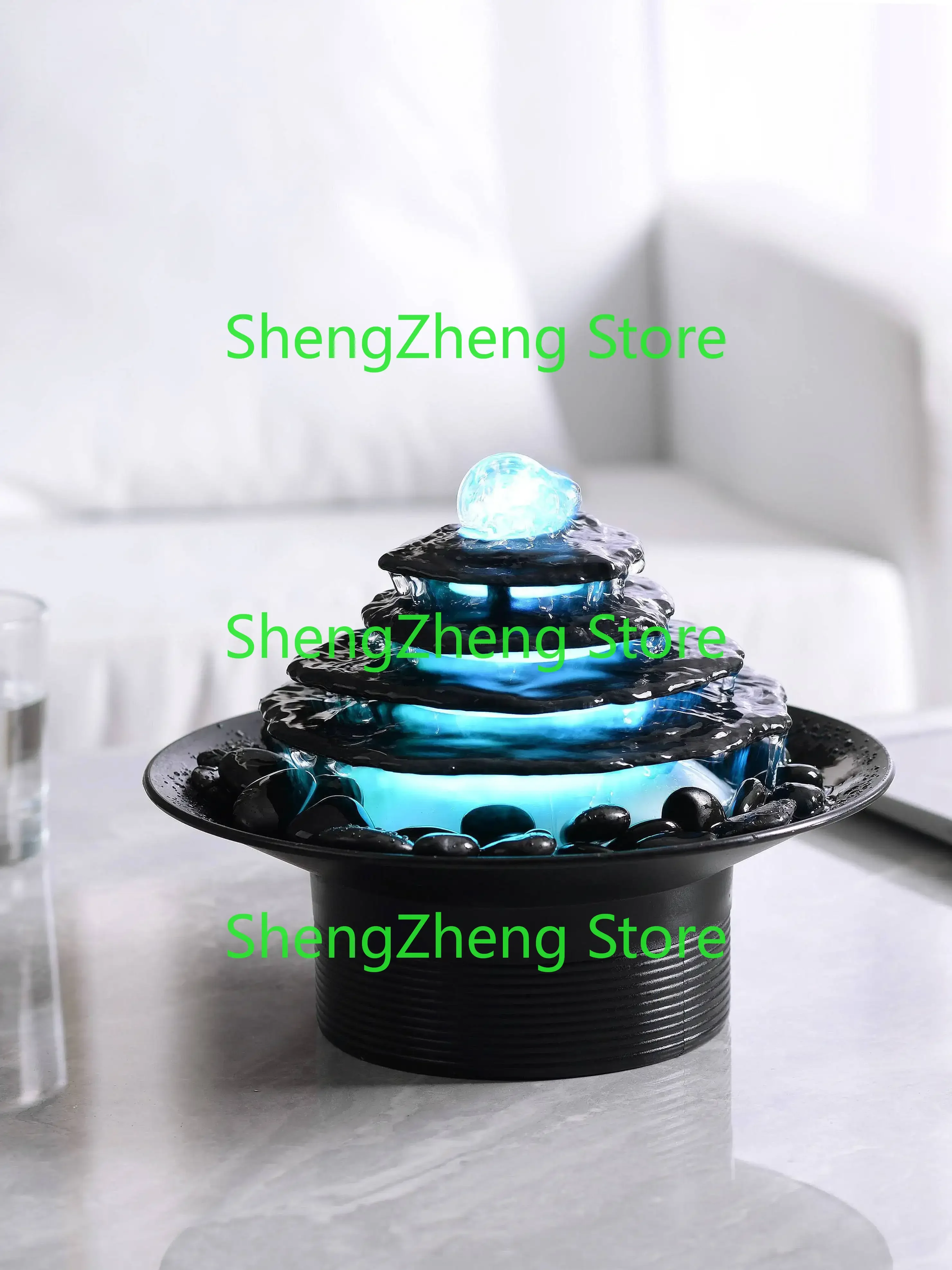 

Home Decoration Stone Flake Waterfall Tabletop Fountain 4-Layer Black Cobblestone Colorful RGB Light Glass Rotating Ball
