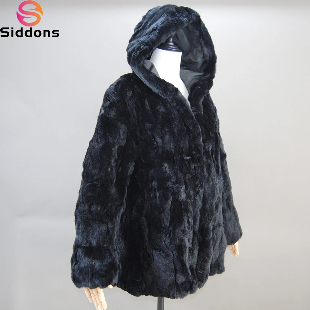 Lady Real Rex Rabbit Fur Coat Luxury Hooded Genuine Rex Rabbit Fur Jacket 2024 Fashion Women Whole Skin Real Rex Rabbit Fur Coat