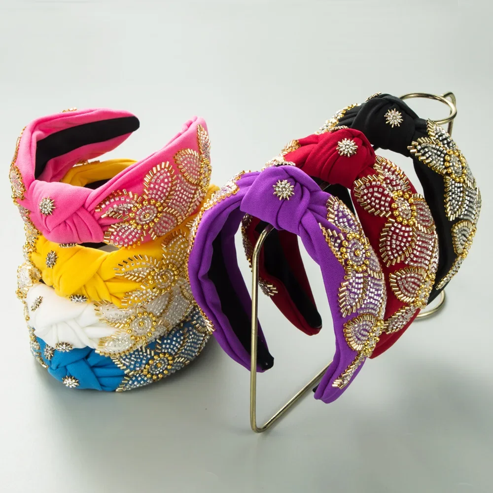 European and American New Baroque Knotted Hairband Handmade Sewing Bead Floral Headband Hair Accessories