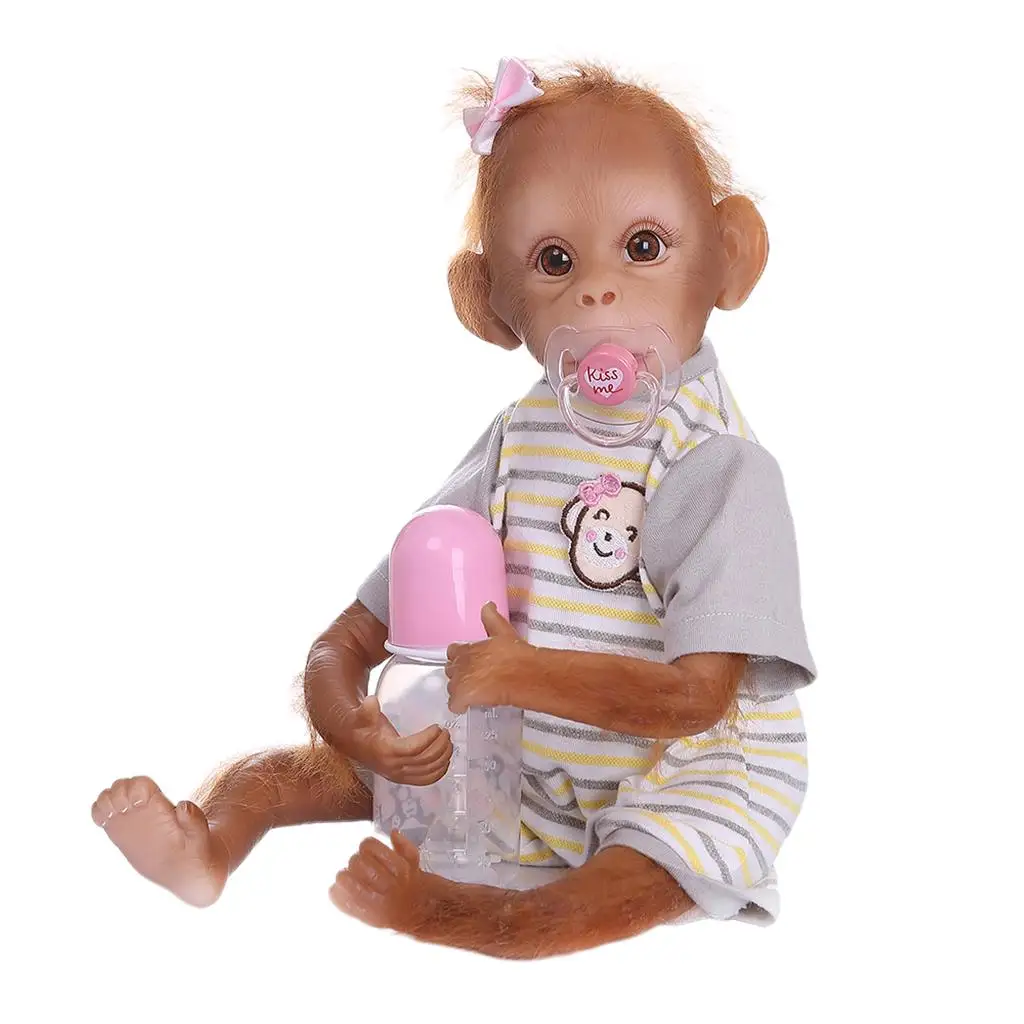 16 Inch Monkey with Pacifier and Nursing Bottle, Soft Silicone, Hand Details