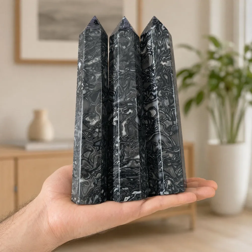 17-18cm Super Large Picasso Black Agate Tower Point Crystal Obelisk 6.69 inches, Black Crazy Lace Agate Wand, Mineral Speciman