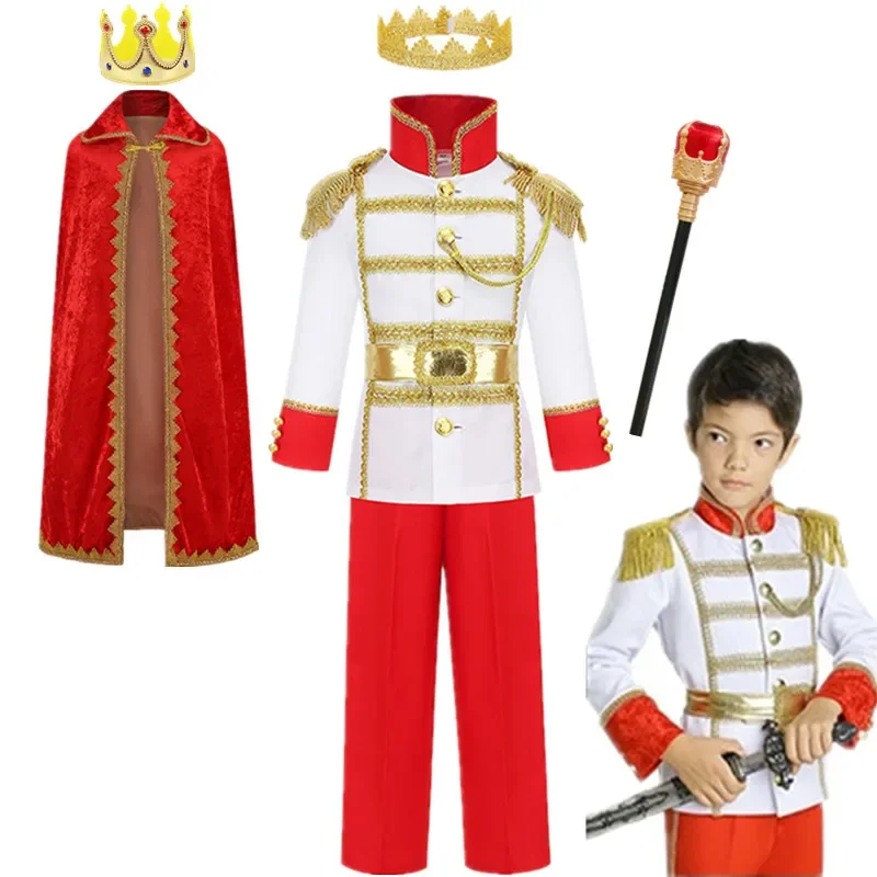 Halloween Bambini Ragazzi Re medievale Costume cosplay Fantasia Re reale Principe Gioco di ruolo Outfit Top con pantaloni Set di fasce per cintura