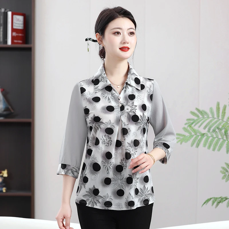 Women's Polo Neck Loose Spliced 3/4 Sleeve Summer Fashion Blouses Korean Commute Printing Shirt