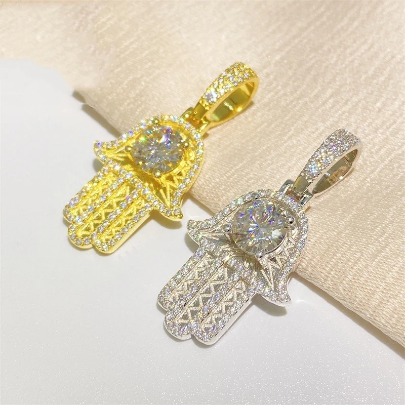 

S925 Стерлингового Серебра Муассанит Коготь Bling Ice Out Фатима Ручные Подвески Ожерелья для Мужчин Женщин Унисекс Рэпер Ювелирные Изделия Золотого Цвета