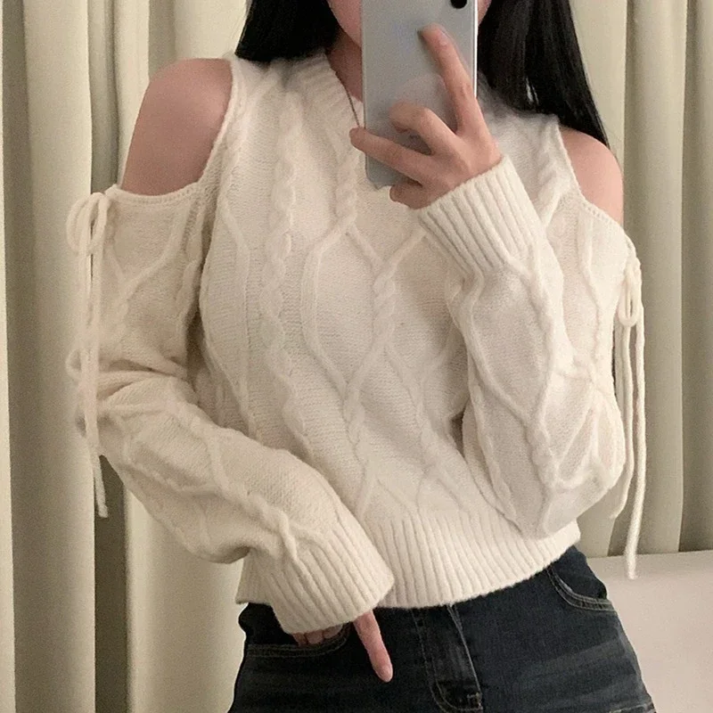 Neploe Vintage Fashion O-neck Knitted Pullover Hollow Out Off Shoulder Lace Up Sweaters Winter New Long Sleeve Loose Tops Women