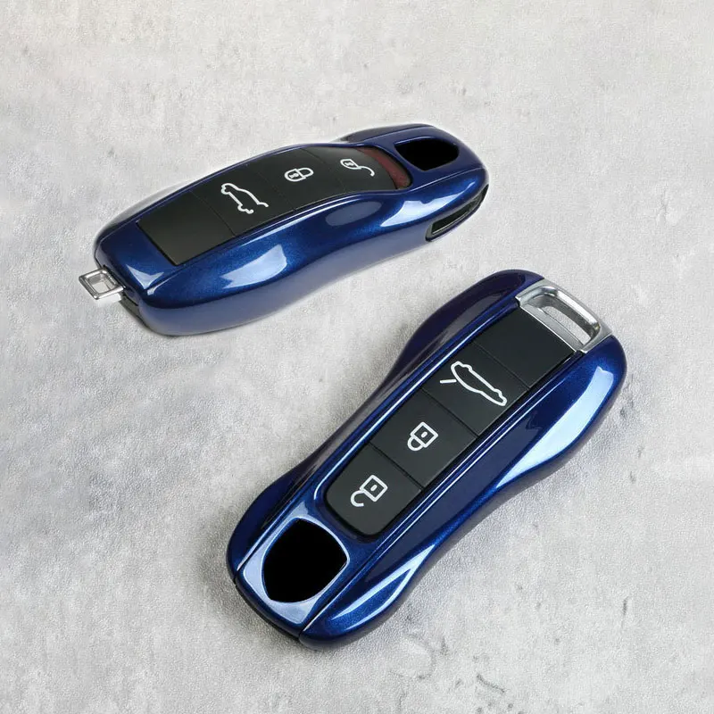 3-Piece Set Gentian Blue ABS Car Key Cover Key Fob Shell Fit for Porsche Cayenne Macan 718 Panamera 911 Car Key Accessories