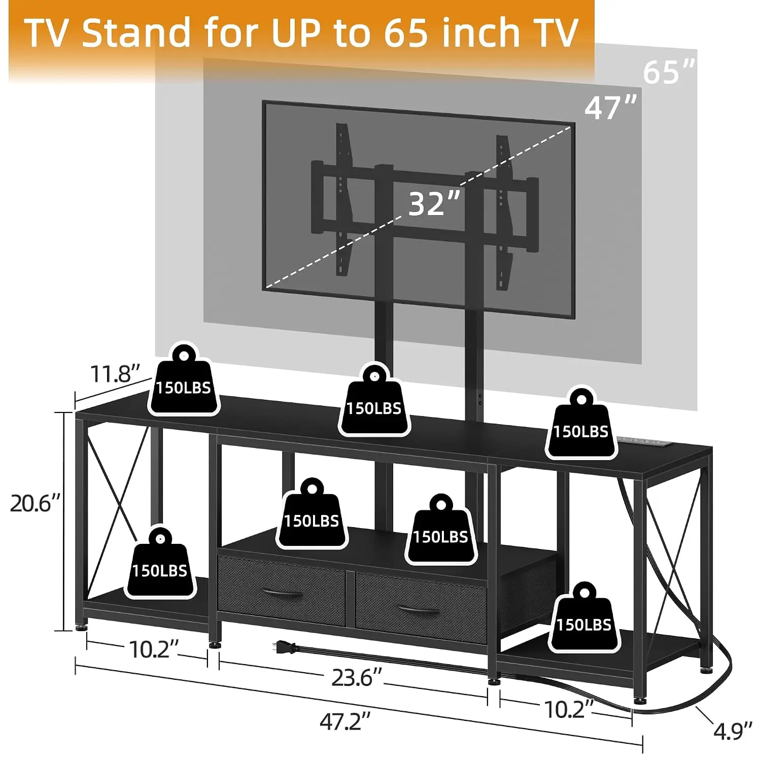 LED TV Stand Mount Power Outlet Fabric Drawers 32-85 Inch Entertainment Center Console Living Room Bedroom 47