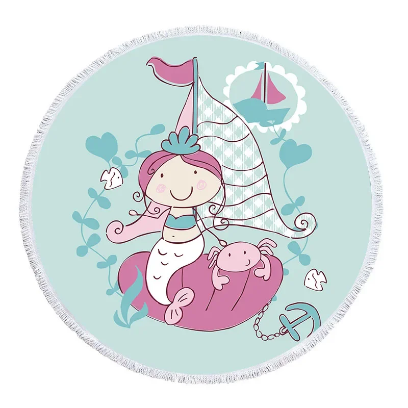 Mermaid Printed Beach Towel Cartoon Pink Microfiber Large Giant Round Towel Beach Kids Gift Summer Yoga Mats Blanket With Tassel