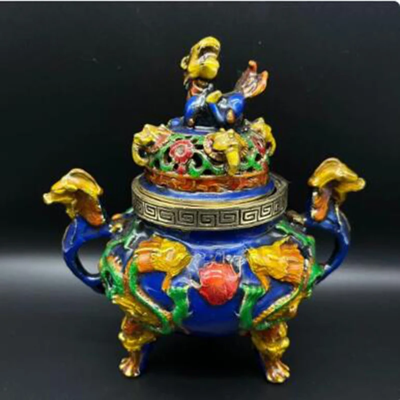 

fengshui Exquisite Pure copper Cloisonne carved Double dragon Incense burner